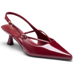 Women's Red Kitten Heel Slingback Pumps Patent Vegan Leather Comfortable